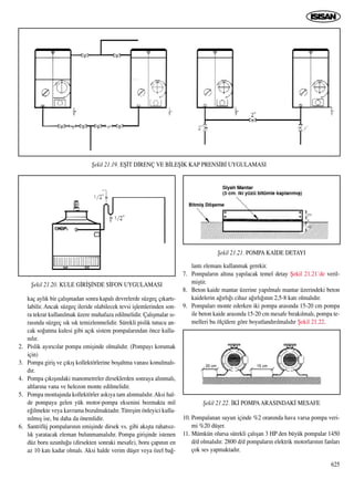 kaç ayl›k bir çal›ﬂmadan sonra kapal› devrelerde süzgeç ç›kart›-
labilir. Ancak süzgeç ileride olabilecek tevsi iﬂlemlerinden son-
ra tekrar kullan›lmak üzere muhafaza edilmelidir. Çal›ﬂmalar s›-
ras›nda süzgeç s›k s›k temizlenmelidir. Sürekli pislik tutucu an-
cak so¤utma kulesi gibi aç›k sistem pompalar›ndan önce kulla-
n›l›r.
2. Pislik ay›r›c›lar pompa emiﬂinde olmal›d›r. (Pompay› korumak
için)
3. Pompa giriﬂ ve ç›k›ﬂ kollektörlerine boﬂaltma vanas› konulmal›-
d›r.
4. Pompa ç›k›ﬂ›ndaki manometreler dirseklerden sonraya al›nmal›,
altlar›na vana ve helezon monte edilmelidir.
5. Pompa montaj›nda kollektörler ask›ya tam al›nmal›d›r.Aksi hal-
de pompaya gelen yük motor-pompa eksenini bozmakta mil
e¤ilmekte veya kavrama bozulmaktad›r. Titreﬂim önleyici kulla-
n›lm›ﬂ ise, bu daha da önemlidir.
6. Santrifüj pompalar›n›n emiﬂinde dirsek vs. gibi ak›ﬂta rahats›z-
l›k yaratacak eleman bulunmamal›d›r. Pompa giriﬂinde istenen
düz boru uzunlu¤u (dirsekten sonraki mesafe), boru çap›n›n en
az 10 kat› kadar olmal›. Aksi halde verim düﬂer veya özel ba¤-
lant› eleman› kullanmak gerekir.
7. Pompalar›n alt›na yap›lacak temel detay ﬁekil 21.21’de veril-
miﬂtir.
8. Beton kaide mantar üzerine yap›lmal› mantar üzerindeki beton
kaidelerin a¤›rl›¤› cihaz a¤›rl›¤›n›n 2,5-8 kat› olmal›d›r.
9. Pompalar› monte ederken iki pompa aras›nda 15-20 cm pompa
ile beton kaide aras›nda 15-20 cm mesafe b›rak›lmal›, pompa te-
melleri bu ölçülere göre boyutland›r›lmal›d›r ﬁekil 21.22.
10. Pompalanan suyun içinde %2 oran›nda hava varsa pompa veri-
mi %20 düﬂer.
11. Mümkün olursa sürekli çal›ﬂan 3 HP den büyük pompalar 1450
d/d olmal›d›r. 2800 d/d pompalar›n elektrik motorlar›n›n fanlar›
çok ses yapmaktad›r.
625
ﬁekil 21.19. Eﬁ‹T D‹RENÇ VE B‹LEﬁ‹K KAP PRENS‹B‹ UYGULAMASI
ﬁekil 21.20. KULE G‹R‹ﬁ‹NDE S‹FON UYGULAMASI
ﬁekil 21.21. POMPA KA‹DE DETAYI
ﬁekil 21.22. ‹K‹ POMPAARASINDAK‹ MESAFE
20 cm 15 cm
 