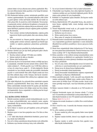 yal›t›m› önüne ve/veya arkas›na nem yal›t›m› yap›lmal›d›r. Böy-
lece nem difüzyonunun önüne geçilmiﬂ ve her hangi bir katman-
da yo¤uﬂma önlenmiﬂ olur.
23. Ofis binalar›nda bulunan seminer salonlar›nda genellikle yaz›n
seminer yap›lmamaktad›r. Yaz aylar›nda kullan›lan y›ll›k izinler
ve genel e¤itime verilen tatil bunda etkilidir. Bu mevsimde na-
diren çal›ﬂsa bile, bu ancak k›sa süreli olmaktad›r. Tesisat proje-
si aﬂamas›nda seminer salonlar›n›n hesaplanan ›s› kazançlar› da,
binan›n di¤er hacimlerinin so¤utma ihtiyac›na eklenerek, eﬂ kul-
lan›m faktörüyle çarp›lmak suretiyle so¤utma grubu seçilmekte-
dir. Bu durumda,
a) Yaz›n seminer salonlar› kullan›lmad›¤›ndan, so¤utma grubu
kapasitesini büyük seçerek pahal› cihaz sat›n al›nm›ﬂ olmak-
tad›r.
b) Ara mevsimlerde ise, binan›n genelde so¤utma ihtiyac› ol-
mad›¤› günler seminer salonunu so¤utmak için büyük kapa-
sitedeki su so¤utma gruplar›n›n çal›ﬂt›r›lmas› gerekmekte-
dir.
c) Bu büyük kapasite genellikle hiç kullan›lmamaktad›r.
24. Seminer salonlar› için çat› tipi direkt genleﬂmeli paket cihazla-
r›n kullan›lmas› halinde,
• Kuruluﬂ maliyeti yaklaﬂ›k %50 daha ucuz olabilir.
• ‹ﬂletme maliyeti de daha az olacakt›r.
• ‹ﬂletme daha basitleﬂecektir.
25. ‹ç havan›n d›ﬂ hava ile kar›ﬂt›r›larak ortama verildi¤i tam hava-
l› sistemlerde; ortamdaki havan›n tamam› klima santrali filtre-
sinden ortalama 8 – 10 defa geçirilir veya %100 filtre edilen ta-
ze hava ile ortam havas› saatte 8 – 10 defa de¤iﬂtirilir. Borulu
sistemlerde ise; hava büyük oranda oda içerisindeki cihazlardan
geçirilir ve s›n›rl› kalitede filtre edilir. Küçük oranda taze hava
tam filtre edilerek odaya verilir. Sonuçta; tüm haval› sistemler-
de ortama daha iyi kalitede filtre edilmiﬂ hava sa¤lamak müm-
kündür.
26. Çok so¤uk bölgelerde, k›ﬂ aylar›nda klima santralinde serpantin
patlamas› yaﬂanabilmektedir. Buna karﬂ› önlem almak ﬂartt›r.
Klima santral›ndaki otomatik kontrol bu aç›dan çok önemlidir.
Donma termostat› donma riski oldu¤u zaman taze hava dampe-
rini kapatmal›d›r. Ayr›ca serpantinde su sirkülasyonu her koﬂul-
da devam ettirilmelidir.
21.2. KL‹MA GENEL TES‹SATI
1. Elektrik motorlar› rutubetli yerlerde kullan›ld›klar›nda veya bi-
na d›ﬂ›na yerleﬂtirildiklerinde, nem nedeniyle motor sarg›lar›
yanmaktad›r. Bu tip motorlar fabrikaya elektrikli ›s›t›c›l› olarak
sipariﬂ verilmelidirler.
2. Servis bak›m ve onar›m için ﬂaft kapaklar› yerine ﬂaft kap›lar›
b›rak›lmal›.
3. Binalar›n egzoz ve taze hava panjurlar› aras› 10 m’den az olma-
mal›d›r.
4. 2 1/2” dahil daha büyük kollektörlerin bombeleri, preste bas›l-
m›ﬂ olarak imal edilmelidir.
5. Fan coil ve klima santrallar›n›n drenaj borular› izole edilmelidir.
6. Kullanma suyu borular› terlemeye karﬂ› izole edilmelidir.
7. Su seviyesi kontrol elektrotlar› 6 Atü’ye kadar kullan›labilir.
8. Cihazlardaki suyu boﬂaltma, hava alma tüplerinin boﬂaltma vb.
vanalar›n› mutlaka ayr› ayr› borularla ba¤lamak gerekir. Bu bo-
rular›n uçlar› görünen bir yere boﬂalmal›d›r.
9. Kollektör vb. boﬂaltmalar› aç›kta olmal›d›r. (Su kaç›ran vanala-
r›n tesbit edilmesi için)
10. Bas›nç düﬂürücülerinin (ST) ç›k›ﬂ›ndaki bas›nç, ak›ﬂ an›nda is-
tenen bas›nc› sa¤lad›¤› halde, sistem durdu¤u zaman bas›nç
yükselebilir.
11. Termal bölgelerdeki termal s›cak su, çift eﬂanjör (özel imalat
paslanmaz vb.) kullanmak kayd› ile,
a. Kullanma suyu ön ›s›t›c›s›,
b. Klima santral› primer hava ›s›t›c›s›,
c. Bina ›s›tma vb. amaçlar› ile kullan›labilir.
12. Pnömatik kontrol sistemlerinde hava kompresörlerinde ç›k›ﬂ ha-
vas› evoperatörden geçirilerek so¤utulmal› ve nemi al›nmal›d›r.
(Rutubetli hava problem yaratabiliyor.) Ayr›ca ya¤ ay›r›c› kulla-
n›lmal›d›r.
13. Demir boru serpantinlerde buhar kullan›l›yorsa 0,5 bar bas›nç-
tan sonra patent boru kullan›lmal›d›r. Normal borunun max. kul-
lanma s›cakl›¤› 120 °C olup buharda kullan›lmamal›d›r.
14. Klima santrallar› ve fan coillerin montaj› tamamland›ktan sonra
drenaj tavalar›na su dökülerek test yap›lmal›d›r. Genelde bu iﬂ-
lem yap›lmad›¤› için sistem iﬂletmeye al›nd›ktan sonra problem-
ler ortaya ç›kmaktad›r.
a. fan coil yatay monte edilmedi¤inden (terazi ile kontrol fan-
coilin k›sa ve uzun kenarlar›ndan ayr› ayr› yap›lmal›d›r),
b. Drenaj tavas› ile drenaj borusu ba¤lant›s›ndan,
c. Drenaj tavalar›ndaki imalat hatalar›ndan,
d. Drenaj borusundaki t›kan›kl›klardan so¤utma serpantininde
yo¤unlaﬂan su döﬂemeye dökülmektedir.
15. Klima santralleri giriﬂinde, 3 yollu vana glob vana olmal›d›r. Bu
vanalar s›zd›rmazd›r. Halbuki rotary vanalar s›zd›r›r. Rotary va-
nan›n motor ile birlikte fiyat› %50 daha ucuzdur. Ancak s›zd›r-
man›n getirdi¤i enerji kayb›, vana fiyat fark›ndan çok daha faz-
lad›r.
16. Balans vanas›n›n önünde ve arkas›nda en az 5xD mesafesi ol-
mal›.
17. So¤utma borular›nda taﬂ›ma için borunun alt›nda 3’’a kadar
(ters T) kontsrüksiyon kullan›lmal› (izolasyondan büyük) 4’’ve
daha büyük borularda ise (ters TT) tipinde k›zak kullan›lmal›d›r.
Bak›n›z ﬁekil 21.2 ve 21.3.
18. So¤utma devresinde (kondenser ve chiller) flow switch kullan›l-
mal›d›r.
19. Flow switch’ler min. 4 metrelik düz borunun ortas›na konul-
mal›d›r.
20. Üç yollu vanalar›n çevresindeki,
a. By-pass vanalar› üç yollu vana çap›nda, buhar vanas› tipinde
olmal›d›r.
b. Kapama vanalar› kelebek, küresel veya sürgülü vana olabi-
lir.
c. Kapama vanalar› ve pislik ay›r›c›lar› boru çap›nda (veya
daha büyük) kullan›lmal›d›r.
609
 