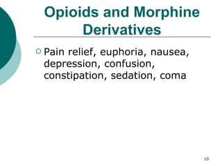Opioids and Morphine Derivatives Pain relief, euphoria, nausea, depression, confusion, constipation, sedation, coma 