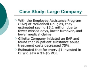 Case Study: Large Company With the Employee Assistance Program (EAP) at McDonnell Douglas, they estimated saving $5.1 million due to fewer missed days, lower turnover, and lower medical claims. Gillette Company initiated an EAP and found that in-patient substance abuse treatment costs  decreased  75%. Estimated that for every $1 invested in DFWP, saw a $3-$6 ROI. 