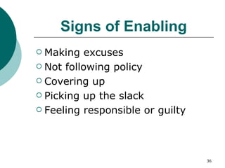 Signs of Enabling Making excuses Not following policy Covering up Picking up the slack Feeling responsible or guilty 