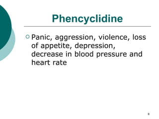 Phencyclidine Panic, aggression, violence, loss of appetite, depression, decrease in blood pressure and heart rate 