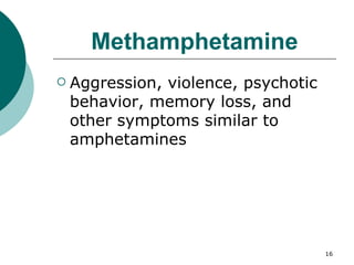 Methamphetamine Aggression, violence, psychotic behavior, memory loss, and other symptoms similar to amphetamines 