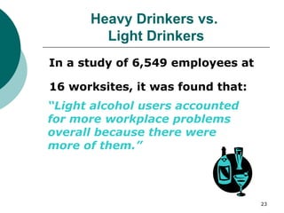 Heavy Drinkers vs.  Light Drinkers In a study of 6,549 employees at  16 worksites, it was found that: “ Light alcohol users accounted for more workplace problems overall because there were more of them.” 