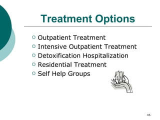 Treatment Options Outpatient Treatment Intensive Outpatient Treatment Detoxification Hospitalization Residential Treatment Self Help Groups 