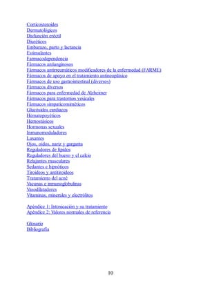 Corticosteroides
Dermatológicos
Disfunción eréctil
Diuréticos
Embarazo, parto y lactancia
Estimulantes
Farmacodependencia
Fármacos antianginosos
Fármacos antirreumáticos modificadores de la enfermedad (FARME)
Fármacos de apoyo en el tratamiento antineoplásico
Fármacos de uso gastrointestinal (diversos)
Fármacos diversos
Fármacos para enfermedad de Alzheimer
Fármacos para trastornos vesicales
Fármacos simpaticomiméticos
Glucósidos cardiacos
Hematopoyéticos
Hemostásicos
Hormonas sexuales
Inmunomoduladores
Laxantes
Ojos, oídos, nariz y garganta
Reguladores de lípidos
Reguladores del hueso y el calcio
Relajantes musculares
Sedantes e hipnóticos
Tiroideos y antitiroideos
Tratamiento del acné
Vacunas e inmunoglobulinas
Vasodilatadores
Vitaminas, minerales y electrólitos
Apéndice 1: Intoxicación y su tratamiento
Apéndice 2: Valores normales de referencia
Glosario
Bibliografía
10
ERRNVPHGLFRVRUJ
 