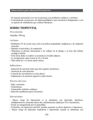 Observaciones para enfermería/Precauciones
• Se requiere precaución si se usa en personas con problemas cardiacos y arritmias.
• Contraindicado en personas con hipersensibilidad a otros anestésicos halogenados o con
un aparato de reinhalación que contiene Baralyme.
SODIO TIOPENTAL
Presentación
Ampollas: 500 mg.
Acciones
• Barbitúrico IV de acción muy corta con pobres propiedades analgésicas y de relajación
muscular.
• Deprime el miocardio y la respiración.
• Disminuye la presión intracraneal y los reflejos de la laringe y el tono del esfínter
esofágico inferior.
• Si las dosis dadas se repiten se acumula en el tejido adiposo.
• La recuperación suele ocurrir de 10 a 30 min.
• Vida media de 3 a 8 horas (dosis única).
Indicaciones
• Inducción de anestesia antes que otros agentes anestésicos.
• Anestesia de corta duración.
• Controla las convulsiones (a corto plazo).
• Suplemento a la anestesia regional u óxido nitroso.
Efectos adversos
• Hipo, estornudo.
• Somnolencia.
• Taquicardia, arritmias cardiacas.
• Reacción anafiláctica (poco frecuente).
Interacciones
• Mayor riesgo de hipotensión si se administra con diazóxido, diuréticos,
antihipertensivos, ketamina (dosis alta, administración rápida por IV) o fenotiazinas.
• Puede ser antagonizado por la aminofilina.
• El alcohol y los depresores del SNC pueden aumentar su efecto depresivo e hipotensor.
• Mayor riesgo de depresión respiratoria e hipotensión cuando se administra con
110
ERRNVPHGLFRVRUJ
 