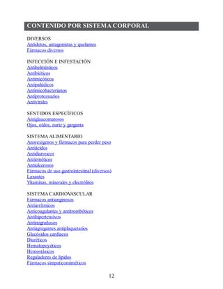 CONTENIDO POR SISTEMA CORPORAL
DIVERSOS
Antídotos, antagonistas y quelantes
Fármacos diversos
INFECCIÓN E INFESTACIÓN
Antihelmínticos
Antibióticos
Antimicóticos
Antipalúdicos
Antimicobacterianos
Antiprotozoarios
Antivirales
SENTIDOS ESPECÍFICOS
Antiglaucomatosos
Ojos, oídos, nariz y garganta
SISTEMA ALIMENTARIO
Anorexígenos y fármacos para perder peso
Antiácidos
Antidiarreicos
Antieméticos
Antiulcerosos
Fármacos de uso gastrointestinal (diversos)
Laxantes
Vitaminas, minerales y electrólitos
SISTEMA CARDIOV
ASCULAR
Fármacos antianginosos
Antiarrítmicos
Anticoagulantes y antitrombóticos
Antihipertensivos
Antimigrañosos
Antiagregantes antiplaquetarios
Glucósidos cardiacos
Diuréticos
Hematopoyéticos
Hemostásicos
Reguladores de lípidos
Fármacos simpaticomiméticos
12
ERRNVPHGLFRVRUJ
 