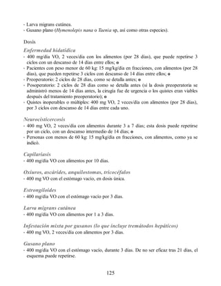 • Larva migrans cutánea.
• Gusano plano (Hymenolepis nana o Taenia sp, así como otras especies).
Dosis
Enfermedad hidatídica
• 400 mg/día VO, 2 veces/día con los alimentos (por 28 días), que puede repetirse 3
ciclos con un descanso de 14 días entre ellos; o
• Pacientes con peso menor de 60 kg: 15 mg/kg/día en fracciones, con alimentos (por 28
días), que pueden repetirse 3 ciclos con descanso de 14 días entre ellos; o
• Preoperatorio: 2 ciclos de 28 días, como se detalla antes; o
• Posoperatorio: 2 ciclos de 28 días como se detalla antes (si la dosis preoperatoria se
administró menos de 14 días antes, la cirugía fue de urgencia o los quistes eran viables
después del tratamiento preoperatorio); o
• Quistes inoperables o múltiples: 400 mg VO, 2 veces/día con alimentos (por 28 días),
por 3 ciclos con descanso de 14 días entre cada uno.
Neurocisticercosis
• 400 mg VO, 2 veces/día con alimentos durante 3 a 7 días; esta dosis puede repetirse
por un ciclo, con un descanso intermedio de 14 días; o
• Personas con menos de 60 kg: 15 mg/kg/día en fracciones, con alimentos, como ya se
indicó.
Capilariasis
• 400 mg/día VO con alimentos por 10 días.
Oxiuros, ascárides, anquilostomas, tricocéfalos
• 400 mg VO con el estómago vacío, en dosis única.
Estrongiloides
• 400 mg/día VO con el estómago vacío por 3 días.
Larva migrans cutánea
• 400 mg/día VO con alimentos por 1 a 3 días.
Infestación mixta por gusanos (lo que incluye tremátodos hepáticos)
• 400 mg VO, 2 veces/día con alimentos por 3 días.
Gusano plano
• 400 mg/día VO con el estómago vacío, durante 3 días. De no ser eficaz tras 21 días, el
esquema puede repetirse.
125
ERRNVPHGLFRVRUJ
 