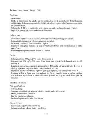 Tabletas: 3 mg; crema: 10 mg/g (1%).
Acciones
• Avermectina.
• Inhibe la transmisión de señales en los nemátodos, por la estimulación de la liberación
del inhibidor de la neurotransmisión GABA, sin efecto alguno sobre la neurotransmi​sión
en los mamíferos.
• Vida media de 12 h; el metabolito activo tiene una vida media prolongada (3 días).
• Tópica: se piensa que tiene acción antiinflamatoria.
Indicaciones
• Oncocercosis (Onchocerca volvulus; también conocida como ceguera de río).
• Estrongiloidosis intestinal (Strongyloides stercoralis).
• Escabiosis con costra (con tratamiento tópico).
• Escabiosis sarcóptica humana (en que el tratamiento tópico está contraindicado o no ha
sido eficaz).
• Rosácea (papulopustulosa) en adultos  18 años.
Dosis
• Estrongiloidosis: 200 μg/kg VO como dosis única; o
• Oncocercosis: 150 μg/kg VO como dosis única (con repetición de la dosis tras 6 a 12
meses); o
• Escabiosis sarcóptica, escabiosis costrosa leve: 200 μg/kg VO administrados 2 veces el
día 1, y repetidos (segunda dosis) entre los días 8 y 15; o
• Escabiosis costrosa moderada o grave: igual que la previa, con una tercera dosis; o
• Rosácea: aplicar a diario una capa delgada en frente, mentón, nariz y ambas mejillas,
con volumen equivalente a cinco chícharos (menos de 1 g en total) hasta por 16
semanas.
Efectos adversos
Estrongiloidosis
• Astenia, fatiga.
• Anorexia, estreñimiento, diarrea, náusea, vómito, dolor abdominal.
• Mareo, somnolencia, temblor.
• Prurito, exantema, urticaria.
• Enzimas hepáticas elevadas, leucopenia.
Oncocercosis
• Taquicardia, hipotensión ortostática.
• Cefalea, mialgias, edema facial y periférico.
128
ERRNVPHGLFRVRUJ
 