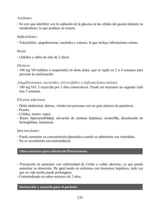 Acciones
• Se cree que interfiere con la captación de la glucosa en las células del gusano durante su
metabolismo, lo que produce su muerte.
Indicaciones
• Tricocéfalos, anquilostomas, ascárides y oxiuros, lo que incluye infestaciones mixtas.
Dosis
• (Adultos y niños de más de 2 años).
Oxiuros
• 100 mg VO (tableta o suspensión) en dosis única, que se repite en 2 a 4 semanas para
prevenir la reinfestación.
Anquilostomas, ascárides, tricocéfalos o infestaciones mixtas
• 100 mg VO, 2 veces/día por 3 días consecutivos. Puede ser necesario un segundo ciclo
tras 3 semanas.
Efectos adversos
• Dolor abdominal, diarrea, vómito (en personas con un gran número de parásitos).
• Prurito.
• Cefalea, mareo, sopor.
• Raros: hipersensibilidad, elevación de enzimas hepáticas, eosinofilia, disminución de
hemoglobina, hematuria.
Interacciones
• Puede aumentar su concentración plasmática cuando se administra con cimetidina.
• No se recomienda con metronidazol.
Observaciones para enfermería/Precauciones
• Precaución en pacientes con enfermedad de Crohn o colitis ulcerosa, ya que puede
aumentar su absorción. De igual modo en enfermos con trastornos hepáticos, toda vez
que su vida media puede prolongarse.
• Contraindicado en niños menores de 2 años.
Instrucción y asesoría para el paciente
131
ERRNVPHGLFRVRUJ
 