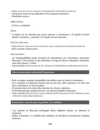 • Véase Acciones de los fármacos antialzheimer (anticolinesterásicos).
• Aumenta la acción de la acetilcolina en los receptores nicotínicos.
• Metabolitos activos.
Indicaciones
• EA leve a moderada.
Dosis
• 8 mg/día con los alimentos por cuatro semanas, e incrementar a 16 mg/día al menos
durante 4 semanas, y posterior a 24 mg/día en caso necesario.
Efectos adversos
• Véase Efectos adversos de los fármacos para Alzheimer (anticolinesterásicos).
• Raro: reacción cutánea grave.
Interacciones
• Su biodisponibilidad puede aumentar de administrarse con eritromicina, paroxetina,
fluoxetina o fluvoxamina, lo que intensifica el riesgo de efectos colinérgicos colaterales,
entre ellos náusea y vómito.
• Véase también Interacciones de los fármacos antialzheimer (anticolinesterásicos).
Observaciones para enfermería/Precauciones
• Debe corregirse cualquier desequilibrio electrolítico antes de iniciar el tratamiento.
• Si se suspende el tratamiento durante más de dos días, debe reiniciarse a la dosis más
baja y aumentarse en forma gradual.
• El aumento lento de la dosis debe disminuir los efectos colaterales.
• Contraindicada para aquellas personas con deterioro hepático/renal grave.
• Véase también Observaciones para enfermería/Precauciones de los fármacos para
Alzheimer (anticolinesterásicos).
Instrucción y asesoría para el paciente y su cuidador
• Las cápsulas de liberación prolongada deben deglutirse enteras, no triturarse ni
masticarse.
• Indicar al paciente o su cuidador que notifiquen de inmediato la presencia de cualquier
exantema.
140
ERRNVPHGLFRVRUJ
 