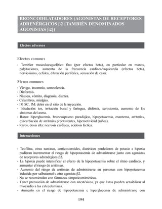 BRONCODILATADORES (AGONISTAS DE RECEPTORES
ADRENÉRGICOS β2 [TAMBIÉN DENOMINADOS
AGONISTAS β2])
Efectos adversos
Efectos comunes
• Temblor musculoesquelético fino (por efectos beta), en particular en manos,
palpitaciones, aumento de la frecuencia cardiaca/taquicardia (efectos beta),
nerviosismo, cefalea, dilatación periférica, sensación de calor.
Menos comunes
• Vértigo, insomnio, somnolencia.
• Diaforesis.
• Náusea, vómito, disgeusia, diarrea.
• Calambres, mialgias.
• IV
, SC, IM: dolor en el sitio de la inyección.
• Inhalación: tos, irritación bucal y faríngea, disfonía, xerostomía, aumento de los
síntomas del asma.
• Raros: hiperglucemia, broncospasmo paradójico, hipopotasemia, exantema, arritmias,
exacerbación de arritmias preexistentes, hiperactividad (niños).
• Raros, dosis alta: necrosis cardiaca, acidosis láctica.
Interacciones
• Teofilina, otras xantinas, corticosteroides, diuréticos perdedores de potasio e hipoxia
pudieran incrementar el riesgo de hipopotasemia de administrarse junto con agonistas
de receptores adrenérgicos β2.
• La hipoxia puede intensificar el efecto de la hipopotasemia sobre el ritmo cardiaco, y
aumentar el riesgo de arritmias.
• Aumento del riesgo de arritmias de administrarse en personas con hipopotasemia
inducida por salbutamol u otro agonista β2.
• No se recomiendan con fármacos simpaticomiméticos.
• Tener precaución de administrarse con anestésicos, ya que éstos pueden sensibilizar al
miocardio a las catecolaminas.
• Aumento en el riesgo de hipopotasemia e hiperglucemia de administrarse con
194
ERRNVPHGLFRVRUJ
 