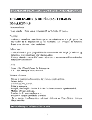 FÁRMACOS PROFILÁCTICOS YANTIINFLAMATORIOS
ESTABILIZADORES DE CÉLULAS CEBADAS
OMALIZUMAB
Presentaciones
Frasco ámpula: 150 mg; jeringa prellenada: 75 mg/ 0.5 mL, 150 mg/mL.
Acciones
• Anticuerpo monoclonal recombinante que se une selectivamente a la IgE, que se cree
responsable de la degranulación de los mastocitos, con liberación de histamina,
leucotrienos, citocinas y otros mediadores.
Indicaciones
• Asma moderada a grave (en pacientes con concentración alta de IgE [ 30 IU/mL] y
tratamiento concomitante con esteroides inhalados).
• Urticaria idiopática crónica (UIC): como adyuvante al tratamiento antihistamínico al no
haber control sintomático.
Dosis
• Asma: 150 a 375 mg SC cada 2 a 4 semanas; o
• UIC: 150 a 300 mg SC cada 4 semanas.
Efectos adversos
• Sitio de la inyección: dolor, aumento de volumen, prurito, eritema.
• Cefalea, fatiga.
• Ganancia de peso, náusea.
• Urticaria, exantema.
• Faringitis, rinofaringitis, sinusitis, infección de vías respiratorias superiores (viral).
• Mialgias, artralgias, dorsalgia.
• Disminución del recuento plaquetario.
• Reacciones alérgicas (inmediatas o tardías).
• Raros: eventos tromboembólicos arteriales, síndrome de Churg-Strauss, síndrome
hipereosinofílico.
Observaciones para enfermería/Precauciones
217
ERRNVPHGLFRVRUJ
 
