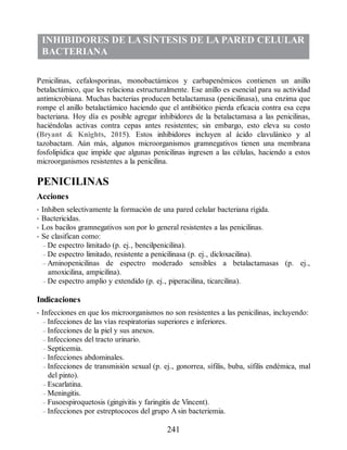 INHIBIDORES DE LA SÍNTESIS DE LA PARED CELULAR
BACTERIANA
Penicilinas, cefalosporinas, monobactámicos y carbapenémicos contienen un anillo
betalactámico, que les relaciona estructuralmente. Ese anillo es esencial para su actividad
antimicrobiana. Muchas bacterias producen betalactamasa (penicilinasa), una enzima que
rompe el anillo betalactámico haciendo que el antibiótico pierda eficacia contra esa cepa
bacteriana. Hoy día es posible agregar inhibidores de la betalactamasa a las penicilinas,
haciéndolas activas contra cepas antes resistentes; sin embargo, esto eleva su costo
(Bryant  Knights, 2015). Estos inhibidores incluyen al ácido clavulánico y al
tazobactam. Aún más, algunos microorganismos gramnegativos tienen una membrana
fosfolipídica que impide que algunas penicilinas ingresen a las células, haciendo a estos
microorganismos resistentes a la penicilina.
PENICILINAS
Acciones
• Inhiben selectivamente la formación de una pared celular bacteriana rígida.
• Bactericidas.
• Los bacilos gramnegativos son por lo general resistentes a las penicilinas.
• Se clasifican como:
– De espectro limitado (p. ej., bencilpenicilina).
– De espectro limitado, resistente a penicilinasa (p. ej., dicloxacilina).
– Aminopenicilinas de espectro moderado sensibles a betalactamasas (p. ej.,
amoxicilina, ampicilina).
– De espectro amplio y extendido (p. ej., piperacilina, ticarcilina).
Indicaciones
• Infecciones en que los microorganismos no son resistentes a las penicilinas, incluyendo:
– Infecciones de las vías respiratorias superiores e inferiores.
– Infecciones de la piel y sus anexos.
– Infecciones del tracto urinario.
– Septicemia.
– Infecciones abdominales.
– Infecciones de transmisión sexual (p. ej., gonorrea, sífilis, buba, sífilis endémica, mal
del pinto).
– Escarlatina.
– Meningitis.
– Fusoespiroquetosis (gingivitis y faringitis de Vincent).
– Infecciones por estreptococos del grupo A sin bacteriemia.
241
ERRNVPHGLFRVRUJ
 