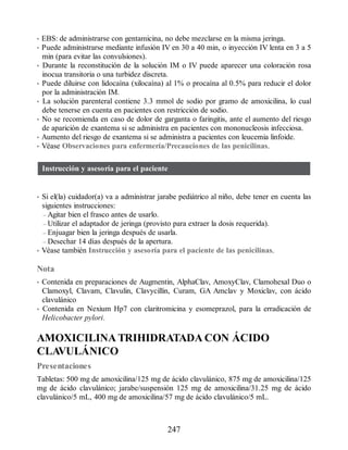 • EBS: de administrarse con gentamicina, no debe mezclarse en la misma jeringa.
• Puede administrarse mediante infusión IV en 30 a 40 min, o inyección IV lenta en 3 a 5
min (para evitar las convulsiones).
• Durante la reconstitución de la solución IM o IV puede aparecer una coloración rosa
inocua transitoria o una turbidez discreta.
• Puede diluirse con lidocaína (xilocaína) al 1% o procaína al 0.5% para reducir el dolor
por la administración IM.
• La solución parenteral contiene 3.3 mmol de sodio por gramo de amoxicilina, lo cual
debe tenerse en cuenta en pacientes con restricción de sodio.
• No se recomienda en caso de dolor de garganta o faringitis, ante el aumento del riesgo
de aparición de exantema si se administra en pacientes con mononucleosis infecciosa.
• Aumento del riesgo de exantema si se administra a pacientes con leucemia linfoide.
• Véase Observaciones para enfermería/Precauciones de las penicilinas.
Instrucción y asesoría para el paciente
• Si el(la) cuidador(a) va a administrar jarabe pediátrico al niño, debe tener en cuenta las
siguientes instrucciones:
– Agitar bien el frasco antes de usarlo.
– Utilizar el adaptador de jeringa (provisto para extraer la dosis requerida).
– Enjuagar bien la jeringa después de usarla.
– Desechar 14 días después de la apertura.
• Véase también Instrucción y asesoría para el paciente de las penicilinas.
Nota
• Contenida en preparaciones de Augmentin, AlphaClav, AmoxyClav, Clamohexal Duo o
Clamoxyl, Clavam, Clavulin, Clavycillin, Curam, GA Amclav y Moxiclav, con ácido
clavulánico
• Contenida en Nexium Hp7 con claritromicina y esomeprazol, para la erradicación de
Helicobacter pylori.
AMOXICILINA TRIHIDRATADA CON ÁCIDO
CLAVULÁNICO
Presentaciones
Tabletas: 500 mg de amoxicilina/125 mg de ácido clavulánico, 875 mg de amoxicilina/125
mg de ácido clavulánico; jarabe/suspensión 125 mg de amoxicilina/31.25 mg de ácido
clavulánico/5 mL, 400 mg de amoxicilina/57 mg de ácido clavulánico/5 mL.
247
ERRNVPHGLFRVRUJ
 