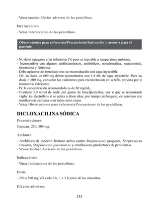 • Véase también Efectos adversos de las penicilinas.
Interacciones
• Véase Interacciones de las penicilinas.
Observaciones para enfermería/Precauciones/Instrucción y asesoría para el
paciente
• No debe agregarse a las infusiones IV
, pues es inestable a temperatura ambiente.
• Incompatible con algunos antihistamínicos, antibióticos, noradrenalina, metaraminol,
tiopentona y fenitoína.
• Debe aplicarse de inmediato tras su reconstitución con agua inyectable.
• IM: las dosis de 600 mg deben reconstituirse con 1.6 mL de agua inyectable. Para las
dosis  600 mg, consultar los volúmenes para reconstitución en la tabla provista por el
laboratorio fabricante.
• IV: la concentración recomendada es de 60 mg/mL.
• Contiene 3.0 mmol de sodio por gramo de bencilpenicilina, por lo que se recomienda
vigilar los electrólitos si se aplica a dosis altas, por tiempo prolongado, en personas con
insuficiencia cardiaca o en todos estos casos.
• Véase Observaciones para enfermería/Precauciones de las penicilinas.
DICLOXACILINA SÓDICA
Presentaciones
Cápsulas: 250, 500 mg.
Acciones
• Antibiótico de espectro limitado activo contra Streptococcus pyogenes, Streptococcus
viridans, Streptococcus pneumoniae y estafilococos productores de penicilinasa.
• Véanse también Acciones de las penicilinas.
Indicaciones
• Véase Indicaciones de las penicilinas.
Dosis
• 250 a 500 mg VO cada 6 h, 1 a 2 h antes de los alimentos.
Efectos adversos
253
ERRNVPHGLFRVRUJ
 