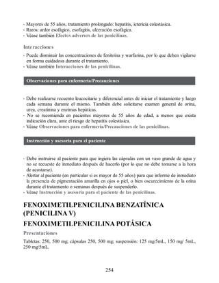 • Mayores de 55 años, tratamiento prolongado: hepatitis, ictericia colestásica.
• Raros: ardor esofágico, esofagitis, ulceración esofágica.
• Véase también Efectos adversos de las penicilinas.
Interacciones
• Puede disminuir las concentraciones de fenitoína y warfarina, por lo que deben vigilarse
en forma cuidadosa durante el tratamiento.
• Véase también Interacciones de las penicilinas.
Observaciones para enfermería/Precauciones
• Debe realizarse recuento leucocitario y diferencial antes de iniciar el tratamiento y luego
cada semana durante el mismo. También debe solicitarse examen general de orina,
urea, creatinina y enzimas hepáticas.
• No se recomienda en pacientes mayores de 55 años de edad, a menos que exista
indicación clara, ante el riesgo de hepatitis colestásica.
• Véase Observaciones para enfermería/Precauciones de las penicilinas.
Instrucción y asesoría para el paciente
• Debe instruirse al paciente para que ingiera las cápsulas con un vaso grande de agua y
no se recueste de inmediato después de hacerlo (por lo que no debe tomarse a la hora
de acostarse).
• Alertar al paciente (en particular si es mayor de 55 años) para que informe de inmediato
la presencia de pigmentación amarilla en ojos o piel, o bien oscurecimiento de la orina
durante el tratamiento o semanas después de suspenderlo.
• Véase Instrucción y asesoría para el paciente de las penicilinas.
FENOXIMETILPENICILINA BENZATÍNICA
(PENICILINA V)
FENOXIMETILPENICILINA POTÁSICA
Presentaciones
Tabletas: 250, 500 mg; cápsulas 250, 500 mg; suspensión: 125 mg/5mL, 150 mg/ 5mL,
250 mg/5mL.
254
ERRNVPHGLFRVRUJ
 