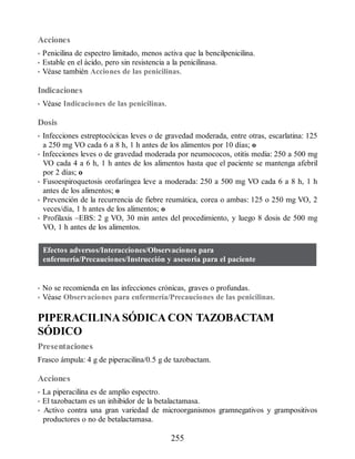 Acciones
• Penicilina de espectro limitado, menos activa que la bencilpenicilina.
• Estable en el ácido, pero sin resistencia a la penicilinasa.
• Véase también Acciones de las penicilinas.
Indicaciones
• Véase Indicaciones de las penicilinas.
Dosis
• Infecciones estreptocócicas leves o de gravedad moderada, entre otras, escarlatina: 125
a 250 mg VO cada 6 a 8 h, 1 h antes de los alimentos por 10 días; o
• Infecciones leves o de gravedad moderada por neumococos, otitis media: 250 a 500 mg
VO cada 4 a 6 h, 1 h antes de los alimentos hasta que el paciente se mantenga afebril
por 2 días; o
• Fusoespiroquetosis orofaríngea leve a moderada: 250 a 500 mg VO cada 6 a 8 h, 1 h
antes de los alimentos; o
• Prevención de la recurrencia de fiebre reumática, corea o ambas: 125 o 250 mg VO, 2
veces/día, 1 h antes de los alimentos; o
• Profilaxis –EBS: 2 g VO, 30 min antes del procedimiento, y luego 8 dosis de 500 mg
VO, 1 h antes de los alimentos.
Efectos adversos/Interacciones/Observaciones para
enfermería/Precauciones/Instrucción y asesoría para el paciente
• No se recomienda en las infecciones crónicas, graves o profundas.
• Véase Observaciones para enfermería/Precauciones de las penicilinas.
PIPERACILINA SÓDICA CON TAZOBACTAM
SÓDICO
Presentaciones
Frasco ámpula: 4 g de piperacilina/0.5 g de tazobactam.
Acciones
• La piperacilina es de amplio espectro.
• El tazobactam es un inhibidor de la betalactamasa.
• Activo contra una gran variedad de microorganismos gramnegativos y grampositivos
productores o no de betalactamasa.
255
ERRNVPHGLFRVRUJ
 