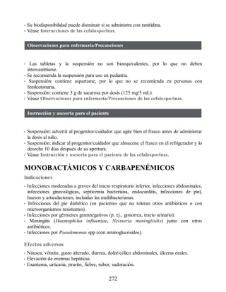 • Su biodisponibilidad puede disminuir si se administra con ranitidina.
• Véase Interacciones de las cefalosporinas.
Observaciones para enfermería/Precauciones
• Las tabletas y la suspensión no son bioequivalentes, por lo que no deben
intercambiarse.
• Se recomienda la suspensión para uso en pediatría.
• Suspensión: contiene aspartame, por lo que no se recomienda en personas con
fenilcetonuria.
• Suspensión: contiene 3 g de sacarosa por dosis (125 mg/5 mL).
• Véase Observaciones para enfermería/Precauciones de las cefalosporinas.
Instrucción y asesoría para el paciente
• Suspensión: advertir al progenitor/cuidador que agite bien el frasco antes de administrar
la dosis al niño.
• Suspensión: indicar al progenitor/cuidador que almacene el frasco en el refrigerador y lo
deseche 10 días después de su apertura.
• Véase Instrucción y asesoría para el paciente de las cefalosporinas.
MONOBACTÁMICOS Y CARBAPENÉMICOS
Indicaciones
• Infecciones moderadas a graves del tracto respiratorio inferior, infecciones abdominales,
infecciones ginecológicas, septicemia bacteriana, endocarditis, infecciones de piel,
huesos y articulaciones, incluidas las multibacterianas.
• Infecciones del pie diabético (en pacientes que no toleran otros antibióticos o con
microorganismos resistentes).
• Infecciones por gérmenes gramnegativos (p. ej., gonorrea, tracto urinario).
• Meningitis (Haemophilus influenzae, Neisseria meningitidis) junto con otros
antibióticos.
• Infecciones por Pseudomonas spp (con aminoglucósidos).
Efectos adversos
• Náusea, vómito, gusto alterado, diarrea, dolor/cólico abdominales, úlceras orales.
• Elevación de enzimas hepáticas.
• Exantema, urticaria, prurito, fiebre, rubor, sudoración.
272
ERRNVPHGLFRVRUJ
 