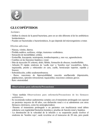 GLUCOPÉPTIDOS
Acciones
• Inhiben la síntesis de la pared bacteriana, pero en un sitio diferente al de los antibióticos
betalactámicos.
• Pueden ser bactericidas o bacteriostáticos, lo que depende del microorganismo a tratar.
Efectos adversos
• Náusea, vómito, diarrea.
• Pérdida auditiva, acúfenos, vértigo, trastornos vestibulares.
• Sensación de inestabilidad, cefalea.
• Eosinofilia, leucopenia, neutropenia, trombocitopenia y, rara vez, agranulocitosis.
• Cambios en las funciones hepática y renal.
• Sitio de inyección IV: eritema, dolor, flebitis, formación de absceso, tromboflebitis.
• Infusión IV rápida: síndrome de ‘cuello rojo’ u ‘hombre rojo’ (escalofríos, fiebre,
taquicardia, prurito y rubicundez en cara, cuello, hemicuerpo superior, espalda y
brazos).
• Sobreinfección, colitis seudomembranosa.
• Raros: reacciones de hipersensibilidad, reacción anafilactoide (hipotensión,
palpitaciones, opresión retroesternal, taquicardia), reacciones cutáneas graves.
• Raro: ototoxicidad.
Observaciones para enfermería/Precauciones
• Véase también Observaciones para enfermería/Precauciones de los fármacos
antibióticos.
• Se recomienda realizar audiometrías seriadas con el tratamiento prolongado (en especial
en pacientes mayores de 60 años, con disfunción renal o si se administran con otros
fármacos citotóxicos, como los aminoglucósidos).
• Durante el tratamiento prolongado o en pacientes con insuficiencia renal deben
solicitarse con regularidad biometría hemática y pruebas de función renal y hepática.
• La disminución de la velocidad de la infusión o su suspensión puede resolver el
síndrome de ‘hombre rojo’; suele revertirse en el transcurso de 20 min, pero puede
278
ERRNVPHGLFRVRUJ
 