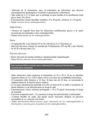 • Derivado de la kanamicina, para el tratamiento de infecciones por diversos
microorganismos gramnegativos resistentes a gentamicina y tobramicina.
• Vida media de 2 a 3 h (pero que se prolonga en gran medida en la insuficiencia renal
grave, hasta 30 a 86 h).
• Concentraciones séricas deseables: máximos, 15 a 30 µg/mL; mínimos, 5 a 10 µg/mL.
• Véase Acciones de los aminoglucósidos.
Indicaciones
• Fármaco de segunda línea para las infecciones estafilocócicas graves o la sepsis
neonatal que no responden a otros aminoglucósidos.
• Véanse Indicaciones de los aminoglucósidos.
Dosis
• 15 mg/kg/día IM, o por infusión IV en 30 a 60 min en 2 o 3 fracciones; o
• Infección del tracto urinario no causada por Pseudomonas: 250 mg IM, o por infusión
IV en 30 a 60 min cada 12 h.
Efectos adversos
• Raros: elevación de enzimas hepáticas, hepatotoxicidad, hepatomegalia.
• Véase Efectos adversos de los aminoglucósidos.
Interacciones/Observaciones para enfermería/Precauciones/Instrucción y
asesoría para el paciente
• Debe observarse cierta respuesta al tratamiento en 24 a 48 h. Si no se identifica
respuesta clínica en 72 a 120 h, deben volver a revisarse las sensibilidades bacterianas.
• El tratamiento debe limitarse a 10 días. Si dura más de 10 días, se recomienda la
vigilancia diaria de la función renal y auditiva.
• La vía para administración preferida es la IM, en tanto la IV se utiliza si la primera no
puede utilizarse o si la infección pone en riesgo la vida.
• Concentraciones séricas máximas prolongadas  30 a 35 µg/mL incrementan el riesgo
de toxicidad.
• Una dosis terapéutica total  15 g aumenta el riesgo de nefrotoxicidad y ototoxicidad.
• Contiene bisulfito de sodio, que puede causar reacciones alérgicas en personas
susceptibles (p. ej., personas con asma).
• Véase Interacciones/Observaciones para enfermería de los aminoglucósidos e
Instrucción y asesoría para el paciente de los aminoglucósidos.
285
ERRNVPHGLFRVRUJ
 