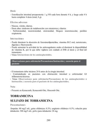 Dosis
• Esterilización intestinal preoperatoria: 1 g VO cada hora durante 4 h, y luego cada 4 h
hasta completar 4 dosis (total, 8 g).
Efectos adversos
• Náusea, vómito, diarrea.
• Dosis altas: síndrome de malabsorción con esteatorrea y diarrea.
• Nefrotoxicidad, neurotoxicidad, ototoxicidad, bloqueo neuromuscular, parálisis
respiratoria.
Interacciones
• Puede disminuir la absorción de fenoximetilpenicilina, vitamina B12 oral, metotrexato,
digoxina y fluorouracilo.
• Puede aumentar la actividad de los anticoagulantes orales al disminuir la disponibilidad
de vitamina K, por lo que debe vigilarse con cuidado el INR al inicio y al final del
tratamiento.
• Véase Interacciones de los aminoglucósidos.
Observaciones para enfermería/Precauciones/Instrucción y asesoría para el
paciente
• El tratamiento debe iniciarse 24 h antes de la cirugía intestinal.
• Contraindicado en pacientes con obstrucción intestinal o enfermedad GI
inflamatoria/ulcerosa.
• Véase Observaciones para enfermería/Precauciones de los aminoglucósidos e
Instrucción y asesoría para el paciente de los aminoglucósidos.
Nota
• Presente en Kenacomb, Kenacomb Otic, Otocomb Otic.
TOBRAMICINA
SULFATO DE TOBRAMICINA
Presentaciones
Ámpulas: 80 mg/2 mL; gotas oftálmicas: 0.3%; ungüento oftálmico: 0.3%; solución para
inhalación: 300 mg/5 mL; polvo para inhalación: 28 mg.
289
ERRNVPHGLFRVRUJ
 