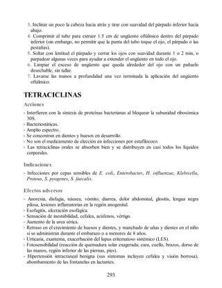 3. Inclinar un poco la cabeza hacia atrás y tirar con suavidad del párpado inferior hacia
abajo.
4. Comprimir al tubo para extraer 1.5 cm de ungüento oftálmico dentro del párpado
inferior (sin embargo, no permitir que la punta del tubo toque el ojo, el párpado o las
pestañas).
5. Soltar con lentitud el párpado y cerrar los ojos con suavidad durante 1 o 2 min, o
parpadear algunas veces para ayudar a extender el ungüento en todo el ojo.
6. Limpiar el exceso de ungüento que queda alrededor del ojo con un pañuelo
desechable, sin tallar.
7. Lavarse las manos a profundidad una vez terminada la aplicación del ungüento
oftálmico.
TETRACICLINAS
Acciones
• Interfieren con la síntesis de proteínas bacterianas al bloquear la subunidad ribosómica
30S.
• Bacteriostáticas.
• Amplio espectro.
• Se concentran en dientes y huesos en desarrollo.
• No son el medicamento de elección en infecciones por estafilococo.
• Las tetraciclinas orales se absorben bien y se distribuyen en casi todos los líquidos
corporales.
Indicaciones
• Infecciones por cepas sensibles de E. coli, Enterobacter, H. influenzae, Klebsiella,
Proteus, S. pyogenes, S. faecalis.
Efectos adversos
• Anorexia, disfagia, náusea, vómito, diarrea, dolor abdominal, glositis, lengua negra
pilosa, lesiones inflamatorias en la región anogenital.
• Esofagitis, ulceración esofágica.
• Sensación de inestabilidad, cefalea, acúfenos, vértigo.
• Aumento de la urea sérica.
• Retraso en el crecimiento de huesos y dientes, y manchado de uñas y dientes en el niño
si se administran durante el embarazo o a menores de 8 años.
• Urticaria, exantema, exacerbación del lupus eritematoso sistémico (LES).
• Fotosensibilidad (reacción de quemadura solar exagerada; cara, cuello, brazos, dorso de
las manos, región inferior de las piernas, pies).
• Hipertensión intracraneal benigna (sus síntomas incluyen cefalea y visión borrosa),
abombamiento de las fontanelas en lactantes.
293
ERRNVPHGLFRVRUJ
 