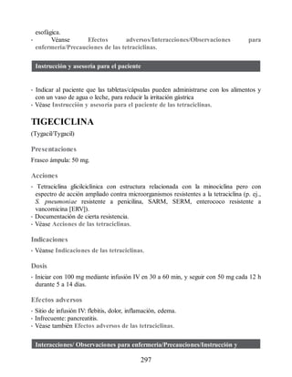 esofágica.
• Véanse Efectos adversos/Interacciones/Observaciones para
enfermería/Precauciones de las tetraciclinas.
Instrucción y asesoría para el paciente
• Indicar al paciente que las tabletas/cápsulas pueden administrarse con los alimentos y
con un vaso de agua o leche, para reducir la irritación gástrica
• Véase Instrucción y asesoría para el paciente de las tetraciclinas.
TIGECICLINA
(Tygacil/Tygacil)
Presentaciones
Frasco ámpula: 50 mg.
Acciones
• Tetraciclina glicilciclínica con estructura relacionada con la minociclina pero con
espectro de acción ampliado contra microorganismos resistentes a la tetraciclina (p. ej.,
S. pneumoniae resistente a penicilina, SARM, SERM, enterococo resistente a
vancomicina [ERV]).
• Documentación de cierta resistencia.
• Véase Acciones de las tetraciclinas.
Indicaciones
• Véanse Indicaciones de las tetraciclinas.
Dosis
• Iniciar con 100 mg mediante infusión IV en 30 a 60 min, y seguir con 50 mg cada 12 h
durante 5 a 14 días.
Efectos adversos
• Sitio de infusión IV: flebitis, dolor, inflamación, edema.
• Infrecuente: pancreatitis.
• Véase también Efectos adversos de las tetraciclinas.
Interacciones/ Observaciones para enfermería/Precauciones/Instrucción y
297
ERRNVPHGLFRVRUJ
 
