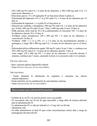• 250 a 400 mg VO cada 6 h, 1 h antes de los alimentos, o 500 a 800 mg cada 12 h, 1 h
antes de los alimentos; o
• Infecciones graves: 15 a 20 mg/kg/día IV en fracciones (hasta 4 g/día); o
• Enfermedad del legionario: 0.8 a 1.6 g VO cada 6 h, 1 h antes de los alimentos por 14
días; o
• Enfermedad de legionario: 1 a 4 g/día IV en fracciones; o
• Infección por clamidia o micoplasma: 500 mg VO cada 8 h, 1 h antes de los alimentos
por 10 días, 800 mg VO cada 6 h por 7 días, o 400 mg cada 6 h por 14 días; o
• Sífilis primaria: dosis total de 30 a 64 g administrados en fracciones VO, 1 h antes de
los alimentos durante 10 a 15 días; o
• Profilaxis contra estreptococo: 250 a 400 mg VO, 1 h antes de los alimentos, 2
veces/día por 10 días; o
• Profilaxis –EBS: 1 a 1.6 g VO, 1½ a 2 h antes de los procedimientos dentales o
quirúrgicos, y luego 500 a 800 mg cada 6 h, 1 h antes de los alimentos por 6 a 8 dosis;
o
• Enfermedad pélvica inflamatoria aguda: 500 mg IV cada 6 h por 3 días, y continuar con
250 a 400 mg VO cada 6 h, 1 h antes de los alimentos durante 7 días; o
• Acné vulgar: 250 a 400 mg VO, 1 h antes de los alimentos 4 veces/día durante 2
semanas; continuar por 3 meses, ajustando la dosis si es necesario cada 4 a 6 semanas.
Efectos adversos
• Raro: estenosis pilórica hipertrófica infantil.
• Véase Efectos adversos de los macrólidos.
Interacciones
• Puede disminuir la eliminación de zopiclona y aumentar sus efectos
sedantes/hipnóticos.
• Puede interferir con la cuantificación de catecolaminas urinarias.
• Véase Interacciones de los macrólidos.
Observaciones para enfermería/Precauciones
• Cambiar de la vía IV a la oral tan pronto como sea posible.
• IV: reconstituir sólo con 20 mL de agua inyectable, y luego diluir de manera adicional
para la administración IV
.
• La administración IV es sólo por infusión (1 a 5 mg/ mL) en 60 min.
• Administrar sola.
• No debe administrarse en bolo IV para evitar concentraciones séricas altas y riesgo de
prolongación del intervalo QT.
305
ERRNVPHGLFRVRUJ
 