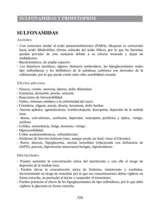 SULFONAMIDAS YTRIMETOPRIM
SULFONAMIDAS
Acciones
• Con estructura similar al ácido paraaminobenzoico (PABA), bloquean su conversión
hacia ácido dihidrofólico (forma reducida del ácido fólico), por lo que las bacterias
quedan privadas de esta sustancia debido a su síntesis truncada y dejan de
multiplicarse.
• Bacteriostáticos, de amplio espectro.
• Los diuréticos tiazídicos, algunos fármacos antitiroideos, los hipoglucemiantes orales
tipo sulfonilureas y los inhibidores de la anhidrasa carbónica son derivados de la
sulfonamida, por lo que puede existir entre ellos sensibilidad cruzada.
Efectos adversos
• Náusea, vómito, anorexia, diarrea, dolor abdominal.
• Exantema, dermatitis, prurito, urticaria.
• Reacciones de fotosensibilidad.
• Fiebre, síntomas similares a la enfermedad del suero.
• Cristaluria, oliguria, anuria, disuria, hematuria, dolor lumbar.
• Anemia aplásica, agranulocitosis, trombocitopenia, leucopenia, depresión de la médula
ósea.
• Ataxia, convulsiones, confusión, depresión, neuropatía periférica y óptica, vértigo,
acúfeno.
• Cefalea, somnolencia, fatiga, insomnio, vértigo.
• Hipersensibilidad.
• Colitis seudomembranosa, sobreinfección.
• Síndrome de Stevens-Johnson (raro, aunque puede ser letal; véase el Glosario).
• Raros: diuresis, hipoglucemia, anemia hemolítica (relacionada con deficiencia de
G6PD), psicosis, hipertensión intracraneal benigna, hipotiroidismo.
Interacciones
• Pueden aumentar la concentración sérica del metotrexato y con ello el riesgo de
depresión de la médula ósea.
• Pueden elevar la concentración sérica de fenitoína, metotrexato y warfarina,
incrementando su riesgo de toxicidad, por lo que sus concentraciones deben vigilarse en
forma estrecha, en particular al iniciar o suspender el tratamiento.
• Pueden potenciar el efecto de los hipoglucemiantes de tipo sulfonilurea, por lo que debe
vigilarse la glucemia en forma estrecha.
326
ERRNVPHGLFRVRUJ
 