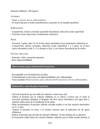 Solución oftálmica: 100 mg/mL.
Acciones
• Véase Acciones de las sulfonamidas.
• Es inactivada por el ácido aminobenzoico, presente en el exudado purulento.
Indicaciones
• Conjuntivitis, úlceras corneales (queratitis bacteriana), infección ocular superficial.
• Tracoma (como adyuvante al tratamiento sistémico).
Dosis
• Tracoma: 2 gotas cada 2 h en el (los) ojo(s) afectado(s) (con tratamiento sistémico); o
• Conjuntivitis, úlceras corneales, infección ocular superficial: 1 o 2 gotas en el (los)
ojo(s) afectado(s) cada 2 o 3 h durante el día, y con menos frecuencia por la noche.
Efectos adversos
• Irritación, ardor, sensación punzante.
• Raro: hipersensibilidad.
Observaciones para enfermería/Precauciones
• Incompatible con formulaciones de plata.
• Contraindicado en personas con hipersensibilidad a las sulfonamidas.
• Véase también Observaciones para enfermería/Precauciones de las sulfonamidas.
Instrucción y asesoría para el paciente
• Advertir al paciente que no utilice la solución si tiene tono café.
• Indicar al paciente que la solución oftálmica no es eficaz a menos que se retire la
secreción purulenta mediante el limpiado del (los) ojo(s) afectado(s) con agua tibia o
solución salina antes de la instilación de las gotas.
• Debe recomendarse al paciente solicitar consulta médica si no hay mejoría sintomática
en 2 o 3 días.
• Instruir al paciente en torno a la técnica correcta para la aplicación de las gotas
oftálmicas.
• Indicar al paciente que deseche la solución oftálmica 14 días después de su apertura.
• Si el paciente utiliza lentes de contacto blandas, indicarle que no debe usarlas durante el
331
ERRNVPHGLFRVRUJ
 
