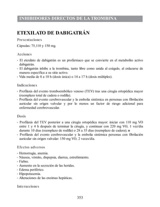 INHIBIDORES DIRECTOS DE LA TROMBINA
ETEXILATO DE DABIGATRÁN
Presentaciones
Cápsulas: 75,110 y 150 mg.
Acciones
• El etexilato de dabigatrán es un profármaco que se convierte en el metabolito activo
dabigatrán.
• El dabigatrán inhibe a la trombina, tanto libre como unida al coágulo, al enlazarse de
manera específica a su sitio activo.
• Vida media de 8 a 10 h (dosis única) o 14 a 17 h (dosis múltiples).
Indicaciones
• Profilaxis del evento tromboembólico venoso (TEV) tras una cirugía ortopédica mayor
(reemplazo total de cadera o rodilla).
• Profilaxis del evento cerebrovascular y la embolia sistémica en personas con fibrilación
auricular sin origen valvular y por lo menos un factor de riesgo adicional para
enfermedad cerebrovascular.
Dosis
• Profilaxis del TEV posterior a una cirugía ortopédica mayor: iniciar con 110 mg VO
entre 1 y 4 h después de terminar la cirugía, y continuar con 220 mg VO, 1 vez/día
durante 10 días (reemplazo de rodilla) o 28 a 35 días (reemplazo de cadera); o
• Profilaxis del evento cerebrovascular y la embolia sistémica personas con fibrilación
auricular sin origen valvular: 150 mg VO, 2 veces/día.
Efectos adversos
• Hemorragia, anemia.
• Náusea, vómito, dispepsia, diarrea, estreñimiento.
• Fiebre.
• Aumento en la secreción de las heridas.
• Edema periférico.
• Hipopotasemia.
• Alteraciones de las enzimas hepáticas.
Interacciones
353
ERRNVPHGLFRVRUJ
 