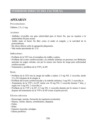 INHIBIDOR DIRECTO DEL FACTOR XA
APIXABÁN
Presentaciones
Tabletas: 2.5 y 5 mg.
Acciones
• Inhibidor reversible con gran selectividad para el factor Xa, que no requiere a la
antitrombina III para actuar.
• Inhibe tanto al factor Xa libre como el unido al coágulo, y la actividad de la
protrombinasa.
• Sin efecto directo sobre la agregación plaquetaria.
• Vida media aproximada de 12 h.
Indicaciones
• Profilaxis de la TEV tras el reemplazo de rodilla o cadera.
• Profilaxis del evento cerebrovascular y la embolia sistémica en personas con fibrilación
auricular sin origen valvular, con por lo menos otro factor de riesgo para enfermedad
cerebrovascular.
• Tratamiento y profilaxis de la TVP y la EP.
Dosis
• Profilaxis de la TEV tras la cirugía de rodilla o cadera: 2.5 mg VO, 2 veces/día, desde
12 a 24 h después de la cirugía; o
• Profilaxis del evento cerebrovascular y la embolia sistémica: 5 mg VO, 2 veces/día; o
• Tratamiento de la TVP y la EP: iniciar con 10 mg VO, 2 veces/día durante 7 días, y
seguir con 5 mg VO, 2 veces/día; o
• Profilaxis de la TVP o la EP: 2.5 mg VO, 2 veces/día durante por lo menos 6 meses
después del tratamiento de la TVP o la EP (véase el punto previo).
Efectos adversos
• Hemorragia, anemia, formación de equimosis (contusión).
• Náusea, vómito, diarrea, estreñimiento, dispepsia.
• Fiebre.
• Dolor.
• Espasmo muscular, artralgias.
• Edema periférico.
356
ERRNVPHGLFRVRUJ
 