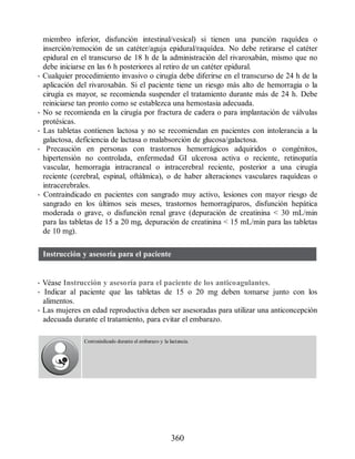 miembro inferior, disfunción intestinal/vesical) si tienen una punción raquídea o
inserción/remoción de un catéter/aguja epidural/raquídea. No debe retirarse el catéter
epidural en el transcurso de 18 h de la administración del rivaroxabán, mismo que no
debe iniciarse en las 6 h posteriores al retiro de un catéter epidural.
• Cualquier procedimiento invasivo o cirugía debe diferirse en el transcurso de 24 h de la
aplicación del rivaroxabán. Si el paciente tiene un riesgo más alto de hemorragia o la
cirugía es mayor, se recomienda suspender el tratamiento durante más de 24 h. Debe
reiniciarse tan pronto como se establezca una hemostasia adecuada.
• No se recomienda en la cirugía por fractura de cadera o para implantación de válvulas
protésicas.
• Las tabletas contienen lactosa y no se recomiendan en pacientes con intolerancia a la
galactosa, deficiencia de lactasa o malabsorción de glucosa/galactosa.
• Precaución en personas con trastornos hemorrágicos adquiridos o congénitos,
hipertensión no controlada, enfermedad GI ulcerosa activa o reciente, retinopatía
vascular, hemorragia intracraneal o intracerebral reciente, posterior a una cirugía
reciente (cerebral, espinal, oftálmica), o de haber alteraciones vasculares raquídeas o
intracerebrales.
• Contraindicado en pacientes con sangrado muy activo, lesiones con mayor riesgo de
sangrado en los últimos seis meses, trastornos hemorragíparos, disfunción hepática
moderada o grave, o disfunción renal grave (depuración de creatinina  30 mL/min
para las tabletas de 15 a 20 mg, depuración de creatinina  15 mL/min para las tabletas
de 10 mg).
Instrucción y asesoría para el paciente
• Véase Instrucción y asesoría para el paciente de los anticoagulantes.
• Indicar al paciente que las tabletas de 15 o 20 mg deben tomarse junto con los
alimentos.
• Las mujeres en edad reproductiva deben ser asesoradas para utilizar una anticoncepción
adecuada durante el tratamiento, para evitar el embarazo.
Contraindicado durante el embarazo y la lactancia.
360
ERRNVPHGLFRVRUJ
 