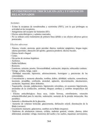 ANTIDEPRESIVOS TRICÍCLICOS (ATC) YFÁRMACOS
RELACIONADOS
Acciones
• Evitan la recaptura de noradrenalina y serotonina (5HT), con lo que prolongan su
actividad en los receptores.
• Antagonistas del receptor de histamina (H1).
• Efectos anticolinérgicos y sedantes marcados.
• No se utilizan como tratamiento de primera línea debido a sus efectos adversos graves
potenciales.
Efectos adversos
• Náusea, vómito, anorexia, gusto peculiar, diarrea, malestar epigástrico, lengua negra,
edema parotídeo, alteración del apetito, ganancia ponderal, úlceras bucales.
• Edema facial o lingual.
• Caries.
• Elevación de enzimas hepáticas.
• Acúfenos.
• Habla farfullante.
• Bostezos.
• Exantema, urticaria, prurito, fotosensibilidad, sudoración, alopecia, rubicundez cutánea.
• Vértigo, cefalea, fatiga, sopor.
• Debilidad muscular, hipotonía, adormecimiento, hormigueo y parestesias de las
extremidades.
• Concentración y memoria alteradas, temblor, delirio, debilidad, sedación, somnolencia,
insomnio, pesadillas, confusión, ansiedad, agitación, desorientación, alucinaciones,
excitación, inquietud, ideas delirantes.
• Taquicardia, síncope, palpitaciones, hipotensión ortostática, en ocasiones hipertensión,
anomalías de la conducción, arritmias, bloqueo cardiaco y cambios inespecíficos del
ECG.
• Efectos anticolinérgicos: boca seca, visión borrosa, estreñimiento, retención
urinaria/dificultad para la micción, sudoración, aumento de la presión intraocular, íleo
paralítico.
• Aumento o disminución de la glucemia.
• Aumento de volumen testicular, ginecomastia, disfunción eréctil, disminución de la
libido (varones).
• Crecimiento mamario, galactorrea, cambios en la libido (mujeres).
• Síndrome de abstinencia (náusea, cefalea, malestar general, vómito, diarrea, dolor
abdominal, ansiedad, vértigo, trastornos del sueño y los sueños, inquietud, nerviosismo,
364
ERRNVPHGLFRVRUJ
 