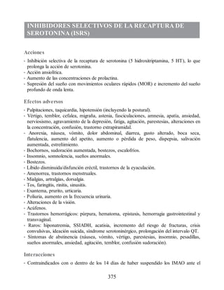 INHIBIDORES SELECTIVOS DE LA RECAPTURA DE
SEROTONINA (ISRS)
Acciones
• Inhibición selectiva de la recaptura de serotonina (5 hidroxitriptamina, 5 HT), lo que
prolonga la acción de serotonina.
• Acción ansiolítica.
• Aumento de las concentraciones de prolactina.
• Supresión del sueño con movimientos oculares rápidos (MOR) e incremento del sueño
profundo de onda lenta.
Efectos adversos
• Palpitaciones, taquicardia, hipotensión (incluyendo la postural).
• Vértigo, temblor, cefalea, migraña, astenia, fasciculaciones, amnesia, apatía, ansiedad,
nerviosismo, agravamiento de la depresión, fatiga, agitación, parestesias, alteraciones en
la concentración, confusión, trastorno extrapiramidal.
• Anorexia, náusea, vómito, dolor abdominal, diarrea, gusto alterado, boca seca,
flatulencia, aumento del apetito, aumento o pérdida de peso, dispepsia, salivación
aumentada, estreñimiento.
• Bochornos, sudoración aumentada, bostezos, escalofríos.
• Insomnio, somnolencia, sueños anormales.
• Bostezos.
• Libido disminuida/disfunción eréctil, trastornos de la eyaculación.
• Amenorrea, trastornos menstruales.
• Mialgias, artralgias, dorsalgia.
• Tos, faringitis, rinitis, sinusitis.
• Exantema, prurito, urticaria.
• Poliuria, aumento en la frecuencia urinaria.
• Alteraciones de la visión.
• Acúfenos.
• Trastornos hemorrágicos: púrpura, hematoma, epistaxis, hemorragia gastrointestinal y
transvaginal.
• Raros: hiponatremia, SSIADH, acatisia, incremento del riesgo de fracturas, crisis
convulsivas, ideación suicida, síndrome serotoninérgico, prolongación del intervalo QT.
• Síntomas de abstinencia (náusea, vómito, vértigo, parestesias, insomnio, pesadillas,
sueños anormales, ansiedad, agitación, temblor, confusión sudoración).
Interacciones
• Contraindicados con o dentro de los 14 días de haber suspendido los IMAO ante el
375
ERRNVPHGLFRVRUJ
 