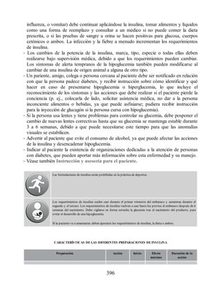 influenza, o vomitar) debe continuar aplicándose la insulina, tomar alimentos y líquidos
como una forma de reemplazo y consultar a un médico si no puede comer la dieta
prescrita, o si las pruebas de sangre u orina se hacen positivas para glucosa, cuerpos
cetónicos o ambos. La infección y la fiebre a menudo incrementan los requerimientos
de insulina.
• Los cambios de la potencia de la insulina, marca, tipo, especie o todas ellas deben
realizarse bajo supervisión médica, debido a que los requerimientos pueden cambiar.
Los síntomas de alerta tempranos de la hipoglucemia también pueden modificarse al
cambiar de una insulina de origen animal a alguna de otro tipo.
• Un pariente, amigo, colega o persona cercana al paciente debe ser notificado en relación
con que la persona padece diabetes, y recibir instrucción sobre cómo identificar y qué
hacer en caso de presentarse hipoglucemia o hiperglucemia, lo que incluye el
reconocimiento de los síntomas y las acciones que debe realizar si el paciente pierde la
conciencia (p. ej., colocarla de lado, solicitar asistencia médica, no dar a la persona
inconciente alimentos o bebidas, ya que puede asfixiarse; pudiera recibir instrucción
para la inyección de glucagón si la persona cursa con hipoglucemia).
• Si la persona usa lentes y tiene problemas para controlar su glucemia, debe posponer el
cambio de nuevas lentes correctivas hasta que su glucemia se mantenga estable durante
3 a 6 semanas, debido a que puede necesitarse este tiempo para que las anomalías
visuales se estabilicen.
• Advertir al paciente que evite el consumo de alcohol, ya que puede afectar las acciones
de la insulina y desencadenar hipoglucemia.
• Indicar al paciente la existencia de organizaciones dedicadas a la atención de personas
con diabetes, que pueden aportar más información sobre esta enfermedad y su manejo.
• Véase también Instrucción y asesoría para el paciente.
Las formulaciones de insulina están prohibidas en la práctica de deportes.
Los requerimientos de insulina suelen caer durante el primer trimestre del embarazo y aumentan durante el
segundo y el tercero. Los requerimientos de insulina vuelven a caer hasta los previos al embarazo después de 6
semanas del nacimiento. Debe vigilarse en forma estrecha la glucemia tras el nacimiento del producto, para
evitar el desarrollo de una hipoglucemia.
Si la paciente va a amamantar, deben ajustarse los requerimientos de insulina, la dieta o ambos.
CARACTERÍSTICAS DE LAS DIFERENTES PREPARACIONES DE INSULINA
Preparación Acción Inicio Efecto
máximo
Duración de la
acción
396
ERRNVPHGLFRVRUJ
 