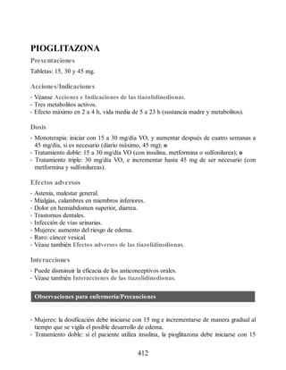 PIOGLITAZONA
Presentaciones
Tabletas: 15, 30 y 45 mg.
Acciones/Indicaciones
• Véanse Acciones e Indicaciones de las tiazolidinedionas.
• Tres metabolitos activos.
• Efecto máximo en 2 a 4 h, vida media de 5 a 23 h (sustancia madre y metabolitos).
Dosis
• Monoterapia: iniciar con 15 a 30 mg/día VO, y aumentar después de cuatro semanas a
45 mg/día, si es necesario (diario máximo, 45 mg); o
• Tratamiento doble: 15 a 30 mg/día VO (con insulina, metformina o sulfonilurea); o
• Tratamiento triple: 30 mg/día VO, e incrementar hasta 45 mg de ser necesario (con
metformina y sulfonilureas).
Efectos adversos
• Astenia, malestar general.
• Mialgias, calambres en miembros inferiores.
• Dolor en hemiabdomen superior, diarrea.
• Trastornos dentales.
• Infección de vías urinarias.
• Mujeres: aumento del riesgo de edema.
• Raro: cáncer vesical.
• Véase también Efectos adversos de las tiazolidinedionas.
Interacciones
• Puede disminuir la eficacia de los anticonceptivos orales.
• Véase también Interacciones de las tiazolidinedionas.
Observaciones para enfermería/Precauciones
• Mujeres: la dosificación debe iniciarse con 15 mg e incrementarse de manera gradual al
tiempo que se vigila el posible desarrollo de edema.
• Tratamiento doble: si el paciente utiliza insulina, la pioglitazona debe iniciarse con 15
412
ERRNVPHGLFRVRUJ
 