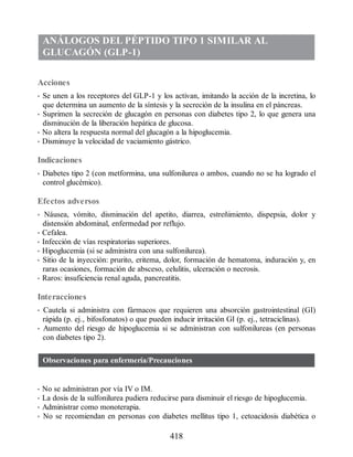 ANÁLOGOS DEL PÉPTIDO TIPO 1 SIMILAR AL
GLUCAGÓN (GLP-1)
Acciones
• Se unen a los receptores del GLP-1 y los activan, imitando la acción de la incretina, lo
que determina un aumento de la síntesis y la secreción de la insulina en el páncreas.
• Suprimen la secreción de glucagón en personas con diabetes tipo 2, lo que genera una
disminución de la liberación hepática de glucosa.
• No altera la respuesta normal del glucagón a la hipoglucemia.
• Disminuye la velocidad de vaciamiento gástrico.
Indicaciones
• Diabetes tipo 2 (con metformina, una sulfonilurea o ambos, cuando no se ha logrado el
control glucémico).
Efectos adversos
• Náusea, vómito, disminución del apetito, diarrea, estreñimiento, dispepsia, dolor y
distensión abdominal, enfermedad por reflujo.
• Cefalea.
• Infección de vías respiratorias superiores.
• Hipoglucemia (si se administra con una sulfonilurea).
• Sitio de la inyección: prurito, eritema, dolor, formación de hematoma, induración y, en
raras ocasiones, formación de absceso, celulitis, ulceración o necrosis.
• Raros: insuficiencia renal aguda, pancreatitis.
Interacciones
• Cautela si administra con fármacos que requieren una absorción gastrointestinal (GI)
rápida (p. ej., bifosfonatos) o que pueden inducir irritación GI (p. ej., tetraciclinas).
• Aumento del riesgo de hipoglucemia si se administran con sulfonilureas (en personas
con diabetes tipo 2).
Observaciones para enfermería/Precauciones
• No se administran por vía IV o IM.
• La dosis de la sulfonilurea pudiera reducirse para disminuir el riesgo de hipoglucemia.
• Administrar como monoterapia.
• No se recomiendan en personas con diabetes mellitus tipo 1, cetoacidosis diabética o
418
ERRNVPHGLFRVRUJ
 