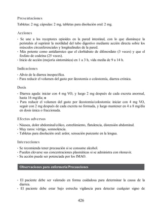 Presentaciones
Tabletas: 2 mg; cápsulas: 2 mg, tabletas para disolución oral: 2 mg.
Acciones
• Se une a los receptores opioides en la pared intestinal, con lo que disminuye la
peristalsis al suprimir la motilidad del tubo digestivo mediante acción directa sobre los
músculos circunferenciales y longitudinales de la pared.
• Más potente como antidiarreico que el clorhidrato de difenoxilato (3 veces) y que el
fosfato de codeína (25 veces).
• Inicio de acción (mejoría sintomática) en 1 a 3 h, vida media de 9 a 14 h.
Indicaciones
• Alivio de la diarrea inespecífica.
• Para reducir el volumen del gasto por ileostomía o colostomía, diarrea crónica.
Dosis
• Diarrea aguda: iniciar con 4 mg VO, y luego 2 mg después de cada excreta anormal,
hasta 16 mg/día; o
• Para reducir el volumen del gasto por ileostomía/colostomía: iniciar con 4 mg VO,
seguir con 2 mg después de cada excreta no formada, y luego mantener en 4 a 8 mg/día
en dosis única o fraccionada.
Efectos adversos
• Náusea, dolor abdominal/cólico, estreñimiento, flatulencia, distensión abdominal.
• Muy raros: vértigo, somnolencia.
• Tabletas para disolución oral: ardor, sensación punzante en la lengua.
Interacciones
• Se recomienda tener precaución si se consume alcohol.
• Pueden elevarse sus concentraciones plasmáticas si se administra con ritonavir.
• Su acción puede ser potenciada por los IMAO.
Observaciones para enfermería/Precauciones
• El paciente debe ser valorado en forma cuidadosa para determinar la causa de la
diarrea.
• El paciente debe estar bajo estrecha vigilancia para detectar cualquier signo de
426
ERRNVPHGLFRVRUJ
 