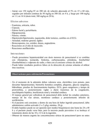 • Iniciar con 150 mg/kg IV en 200 mL de solución glucosada al 5% en 15 a 60 min,
seguidos por infusión continua de 50 mg/kg en 500 mL en 4 h, y luego por 100 mg/kg
en 1 L en 16 h (dosis total, 300 mg/kg en 20 h).
Efectos adversos
• Exantema, urticaria, rubor.
• Cianosis.
• Edema facial y periorbitario.
• Hipopotasemia.
• Náusea, vómito.
• Hipotensión/hipertensión, taquicardia, dolor torácico, cambios en el ECG.
• Ansiedad, malestar general, rigidez.
• Broncospasmo, tos, estridor, disnea, angioedema.
• Reacciones en el sitio de inyección.
• Reacciones anafilactoides.
Interacciones
• Puede presentarse hepatotoxicidad con dosis menores de paracetamol si se combina
con rifampicina, isoniacida, fenitoína, carbamacepina, primidona, fenobarbital
(fenobarbitona) o valproato de sodio, o bien con el consumo crónico de alcohol.
• Puede haber resultados positivos falsos en la detección de cetonas urinarias al utilizar
tiras reactivas.
Observaciones para enfermería/Precauciones
• En el momento de la admisión deben valorarse urea, electrólitos (con potasio, para
descartar hipopotasemia), biometría hemática completa, plaquetas, glucosa sanguínea,
bilirrubinas, pruebas de funcionamiento hepático, ECG, gases sanguíneos y tiempo de
protrombina, y posteriormente vigilar a diario trastornos de la coagulación,
encefalopatía hepática, insuficiencia renal y toxicidad cardiaca.
• El manejo general por sobredosis de paracetamol debe incluir los estudios anteriores,
manejo de las vías aéreas, monitoreo cardiaco y posteriormente infusión de
acetilcisteína.
• Si el paciente está conciente y dentro de una hora de haber ingerido paracetamol, debe
administrarse carbón activado (1 a 2 g/kg; máximo, 50 g).
• El daño hepático puede no ser aparente (por medios bioquímicos) sino hasta las 24 a 48
h y el paciente puede verse bien, pero la necrosis puede prevenirse si se instituye el
tratamiento dentro de las 10 a 12 h de la ingestión.
• Obtener de manera urgente las concentraciones séricas de paracetamol (pero no antes
429
ERRNVPHGLFRVRUJ
 
