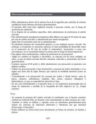 Observaciones para enfermería/Precauciones
• Debe administrarse dentro de la primera hora de la ingestión para adsorber la máxima
cantidad de tóxico/fármaco del tracto gastrointestinal.
• El paciente debe estar bajo vigilancia estrecha si presenta vómito, por el riesgo de
neumonía por aspiración.
• Si se dispone de un antídoto específico, debe administrarse de preferencia al carbón
activado.
• Para administración nasogástrica/orogástrica debe diluirse con agua (0.25 partes de agua
por una de carbón activado) y administrarlo por sonda nasogástrica.
• Agitar bien el contenedor antes de su administración.
• Se administra después del vaciamiento gástrico, ya sea mediante emesis o lavado. Sin
embargo, si el paciente se encuentra soporoso (o tiene posibilidad de desarrollar sopor
en el transcurso de 30 min de recibir el antiemético), inconciente o cursa con
convulsiones, no se recomienda inducir la emesis ante el riesgo de broncoaspiración.
• Para aplicar otros medicamentos, utilizar de preferencia la vía parenteral.
• Vigilar los cambios en líquidos y electrólitos, en especial con las dosis múltiples en
niños, ya que el carbón activado absorbe vitaminas, minerales y aminoácidos del tracto
gastrointestinal.
• Contiene sacarosa (0.46 g/mL) y debe administrarse con precaución en pacientes con
diabetes mellitus.
• Utilizar con gran precaución si hay disminución o ausencia de ruidos intestinales o si se
ingirió una dosis alta de algún fármaco que reduzca la motilidad intestinal (como un
opioide).
• Contraindicado si la intoxicación fue causada por ácidos o álcalis fuertes, sales de
hierro, cianuros, sulfonilureas, malatión, litio, etanol, metanol, etilenglicol o
hidrocarburos, ya que su capacidad de adsorción es baja.
• Su uso está contraindicado si el paciente tiene su vía respiratoria desprotegida (por el
riesgo de aspiración) o pérdida de la integridad del tubo digestivo (p. ej., cirugía
reciente).
Nota
• Se aumenta la potencia del carbón activado al combinarlo con el laxante osmótico
sorbitol (en Carbsorb XS); no obstante, está contraindicado en niños menores de 1 año.
• También se utiliza en tabletas y cápsulas como un adsorbente gastrointestinal para
reducir los síntomas de distensión abdominal y flatulencia por gas intestinal
(Charcocaps, Charcotabs).
• Puede utilizarse en forma local como desodorante en bolsas de estomas, en heridas y
úlceras.
435
ERRNVPHGLFRVRUJ
 