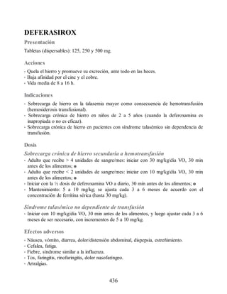 DEFERASIROX
Presentación
Tabletas (dispersables): 125, 250 y 500 mg.
Acciones
• Quela el hierro y promueve su excreción, ante todo en las heces.
• Baja afinidad por el cinc y el cobre.
• Vida media de 8 a 16 h.
Indicaciones
• Sobrecarga de hierro en la talasemia mayor como consecuencia de hemotransfusión
(hemosiderosis transfusional).
• Sobrecarga crónica de hierro en niños de 2 a 5 años (cuando la deferoxamina es
inapropiada o no es eficaz).
• Sobrecarga crónica de hierro en pacientes con síndrome talasémico sin dependencia de
transfusión.
Dosis
Sobrecarga crónica de hierro secundaria a hemotransfusión
• Adulto que recibe  4 unidades de sangre/mes: iniciar con 30 mg/kg/día VO, 30 min
antes de los alimentos; o
• Adulto que recibe  2 unidades de sangre/mes: iniciar con 10 mg/kg/día VO, 30 min
antes de los alimentos; o
• Iniciar con la ½ dosis de deferoxamina VO a diario, 30 min antes de los alimentos; o
• Mantenimiento: 5 a 10 mg/kg; se ajusta cada 3 a 6 meses de acuerdo con el
concentración de ferritina sérica (hasta 30 mg/kg).
Síndrome talasémico no dependiente de transfusión
• Iniciar con 10 mg/kg/día VO, 30 min antes de los alimentos, y luego ajustar cada 3 a 6
meses de ser necesario, con incrementos de 5 a 10 mg/kg.
Efectos adversos
• Náusea, vómito, diarrea, dolor/distensión abdominal, dispepsia, estreñimiento.
• Cefalea, fatiga.
• Fiebre, síndrome similar a la influenza.
• Tos, faringitis, rinofaringitis, dolor nasofaríngeo.
• Artralgias.
436
ERRNVPHGLFRVRUJ
 