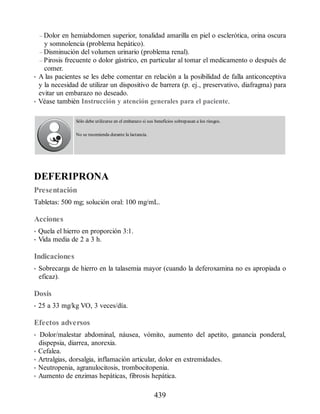 – Dolor en hemiabdomen superior, tonalidad amarilla en piel o esclerótica, orina oscura
y somnolencia (problema hepático).
– Disminución del volumen urinario (problema renal).
– Pirosis frecuente o dolor gástrico, en particular al tomar el medicamento o después de
comer.
• A las pacientes se les debe comentar en relación a la posibilidad de falla anticonceptiva
y la necesidad de utilizar un dispositivo de barrera (p. ej., preservativo, diafragma) para
evitar un embarazo no deseado.
• Véase también Instrucción y atención generales para el paciente.
Sólo debe utilizarse en el embarazo si sus beneficios sobrepasan a los riesgos.
No se recomienda durante la lactancia.
DEFERIPRONA
Presentación
Tabletas: 500 mg; solución oral: 100 mg/mL.
Acciones
• Quela el hierro en proporción 3:1.
• Vida media de 2 a 3 h.
Indicaciones
• Sobrecarga de hierro en la talasemia mayor (cuando la deferoxamina no es apropiada o
eficaz).
Dosis
• 25 a 33 mg/kg VO, 3 veces/día.
Efectos adversos
• Dolor/malestar abdominal, náusea, vómito, aumento del apetito, ganancia ponderal,
dispepsia, diarrea, anorexia.
• Cefalea.
• Artralgias, dorsalgia, inflamación articular, dolor en extremidades.
• Neutropenia, agranulocitosis, trombocitopenia.
• Aumento de enzimas hepáticas, fibrosis hepática.
439
ERRNVPHGLFRVRUJ
 