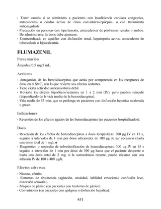 • Tener cautela si se administra a pacientes con insuficiencia cardiaca congestiva,
antecedentes o cuadro activo de crisis convulsivas/epilepsia, o con tratamiento
anticoagulante.
• Precaución en personas con hipertensión, antecedentes de problemas renales o ambos.
De administrarse, la dosis debe ajustarse.
• Contraindicado en aquéllos con disfunción renal, hepatopatía activa, antecedente de
tuberculosis o hipocalcemia.
FLUMAZENIL
Presentación
Ámpulas: 0.5 mg/5 mL.
Acciones
• Antagonista de las benzodiacepinas que actúa por competencia en los receptores de
éstas en el SNC, con lo que revierte sus efectos sedantes.
• Tiene cierta actividad anticonvulsiva débil.
• Revierte los efectos hipnóticos/sedantes en 1 a 2 min (IV), pero pueden reincidir
(dependiendo de la vida media de la benzodiacepina).
• Vida media de 53 min, que se prolonga en pacientes con disfunción hepática moderada
o grave.
Indicaciones
• Reversión de los efectos agudos de las benzodiacepinas (en pacientes hospitalizados).
Dosis
• Reversión de los efectos de benzodiacepinas a dosis terapéuticas: 200 µg IV en 15 s,
seguido a intervalos de 1 min por dosis adicionales de 100 µg de ser necesario (hasta
una dosis total de 1 mg); o
• Diagnóstico o sospecha de sobredosificación de benzodiacepinas: 300 µg IV en 15 s
seguido a intervalos de 1 min por dosis de 300 µg hasta que el paciente despierte o
hasta una dosis total de 2 mg; si la somnolencia recurre, puede iniciarse con una
infusión IV de 100 a 400 µg/h.
Efectos adversos
• Náusea, vómito.
• Síntomas de abstinencia (agitación, ansiedad, labilidad emocional, confusión leve,
distorsión sensorial).
• Ataques de pánico (en pacientes con trastorno de pánico).
• Convulsiones (en pacientes con epilepsia o disfunción hepática).
451
ERRNVPHGLFRVRUJ
 