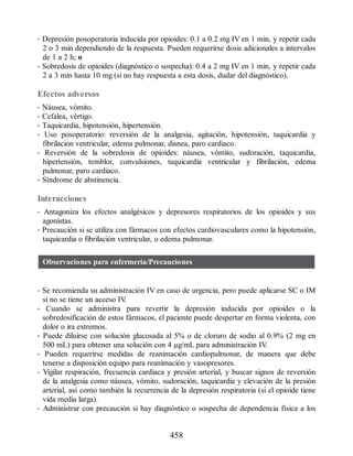 • Depresión posoperatoria inducida por opioides: 0.1 a 0.2 mg IV en 1 min, y repetir cada
2 o 3 min dependiendo de la respuesta. Pueden requerirse dosis adicionales a intervalos
de 1 a 2 h; o
• Sobredosis de opioides (diagnóstico o sospecha): 0.4 a 2 mg IV en 1 min, y repetir cada
2 a 3 min hasta 10 mg (si no hay respuesta a esta dosis, dudar del diagnóstico).
Efectos adversos
• Náusea, vómito.
• Cefalea, vértigo.
• Taquicardia, hipotensión, hipertensión.
• Uso posoperatorio: reversión de la analgesia, agitación, hipotensión, taquicardia y
fibrilación ventricular, edema pulmonar, disnea, paro cardiaco.
• Reversión de la sobredosis de opioides: náusea, vómito, sudoración, taquicardia,
hipertensión, temblor, convulsiones, taquicardia ventricular y fibrilación, edema
pulmonar, paro cardiaco.
• Síndrome de abstinencia.
Interacciones
• Antagoniza los efectos analgésicos y depresores respiratorios de los opioides y sus
agonistas.
• Precaución si se utiliza con fármacos con efectos cardiovasculares como la hipotensión,
taquicardia o fibrilación ventricular, o edema pulmonar.
Observaciones para enfermería/Precauciones
• Se recomienda su administración IV en caso de urgencia, pero puede aplicarse SC o IM
si no se tiene un acceso IV
.
• Cuando se administra para revertir la depresión inducida por opioides o la
sobredosificación de estos fármacos, el paciente puede despertar en forma violenta, con
dolor o ira extremos.
• Puede diluirse con solución glucosada al 5% o de cloruro de sodio al 0.9% (2 mg en
500 mL) para obtener una solución con 4 µg/mL para administración IV
.
• Pueden requerirse medidas de reanimación cardiopulmonar, de manera que debe
tenerse a disposición equipo para reanimación y vasopresores.
• Vigilar respiración, frecuencia cardiaca y presión arterial, y buscar signos de reversión
de la analgesia como náusea, vómito, sudoración, taquicardia y elevación de la presión
arterial, así como también la recurrencia de la depresión respiratoria (si el opioide tiene
vida media larga).
• Administrar con precaución si hay diagnóstico o sospecha de dependencia física a los
458
ERRNVPHGLFRVRUJ
 