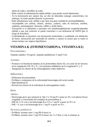 nitrito de sodio y tiosulfato de sodio.
• Debe evitarse la administración rápida debido a que puede ocurrir hipotensión.
• En la intoxicación por cianuro hay un olor de almendras amargas característico; sin
embargo, no todos pueden detectar su presencia.
• Debe administrarse solo, debido a que tiene una gran cantidad de incompatibilidades.
• Incompatible con cafeína, citratos, cloratos, yoduros, sales de mercurio, morfina,
oxidantes, permanganato, fenazona, sulfitos y ácido tánico.
• Precaución si se administra a pacientes con metahemoglobinemia congénita/adquirida
(debido a que este trastorno se puede exacerbar) o con deficiencia de G6PD (por el
riesgo de hemólisis).
• Contraindicado en pacientes con intoxicación asintomática o combinado con inhalación
de humo, intoxicación por monóxido de carbono y cianuro (a menos que se traten al
mismo tiempo con oxígeno hiperbárico).
VITAMINA K (FITOMENTADIONA, VITAMINA K1)
Presentaciones
Ámpulas (adulto): 10 mg/mL; ámpulas (pediátricas): 2 mg/0.2 mL.
Acciones
• Promueve la biosíntesis hepática de la protrombina (factor II), así como de los factores
de la coagulación VII, IX y X, y las proteínas inhibidoras de la coagulación C y S.
• Antagoniza los efectos de los anticoagulantes orales indirectos.
Indicaciones
• Deficiencia de protrombina.
• Profilaxis y tratamiento de la enfermedad hemorrágica del recién nacido.
• Hipovitaminosis K.
• Revierte los efectos de la sobredosis de anticoagulantes orales.
Dosis
Adultos
• Hemorragia grave que amenaza la vida: 5 a 10 mg IV a pasar en 30 s con plasma fresco
congelado y concentrado del complejo de protrombina; o
• INR de 5 a 9, con o sin hemorragia leve: 0.5 a 1 mg IV a pasar en 30 s; o
• INR  9, con o sin hemorragia leve: 1 mg IV a pasar en 30 s.
Pacientes pediátricos
• Profilaxis, neonato sano: 1 mg IM al nacer; o
• Profilaxis, neonato sano: 2 mg VO al nacer, los 3 a 5 días y a las 4 semanas; o
464
ERRNVPHGLFRVRUJ
 