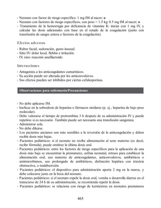 • Neonato con factor de riesgo específico: 1 mg IM al nacer; o
• Neonato con factores de riesgo específicos, con peso  1.5 kg: 0.5 mg IM al nacer; o
• Tratamiento de la hemorragia por deficiencia de vitamina K: iniciar con 1 mg IV
, y
calcular las dosis adicionales con base en el estado de la coagulación (junto con
transfusión de sangre entera o factores de la coagulación).
Efectos adversos
• Rubor facial, sudoración, gusto inusual.
• Sitio IV: dolor local, flebitis e irritación.
• IV
, raro: reacción anafilactoide.
Interacciones
• Antagoniza a los anticoagulantes cumarínicos.
• Su acción puede ser alterada por los anticonvulsivos.
• Sus efectos pueden ser inhibidos por ciertas cefalosporinas.
Observaciones para enfermería/Precauciones
• No debe aplicarse IM.
• Ineficaz en la sobredosis de heparina o fármacos similares (p. ej., heparina de bajo peso
molecular).
• Debe valorarse el tiempo de protrombina 3 h después de su administración IV y puede
repetirse si es necesario. También puede ser necesaria una transfusión sanguínea.
• Administrar sola.
• No debe diluirse.
• Los pacientes ancianos son más sensibles a la reversión de la anticoagulación y deben
recibir dosis más bajas.
• Pacientes pediátricos: si el neonato no recibe alimentación al seno materno (es decir,
recibe fórmula), puede omitirse la última dosis oral.
• Pacientes pediátricos: entre los factores de riesgo específicos para la aplicación de una
dosis más baja se encuentran la prematurez, asfixia neonatal, retraso para establecer la
alimentación oral, uso materno de anticoagulantes, anticonvulsivos, antibióticos o
antimicrobianos, uso prolongado de antibióticos, disfunción hepática con ictericia
obstructiva, o malabsorción.
• Pacientes pediátricos: el dispositivo para administración aporta 2 mg en la marca, y
debe colocarse justo en la boca del neonato.
• Pacientes pediátricos: si el neonato expele la dosis oral, vomita o desarrolla diarrea en el
transcurso de 24 h de su administración, se recomienda repetir la dosis.
• Pacientes pediátricos: se relaciona con riesgo de kernicterus en neonatos prematuros
465
ERRNVPHGLFRVRUJ
 