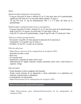 Dosis
Quimioterapia altamente emetogénica
• 8 mg por inyección IV lenta o infusión IV en 15 min justo antes de la quimioterapia,
seguida por más dosis IV si es necesario (diario máximo, 32 mg); o
• 24 mg VO (con 12 mg de dexametasona VO) 1 a 2 h antes del inicio de la
quimioterapia.
Radioterapia o quimioterapia menos emetogénica
• 8 mg por inyección IV lenta o infusión IV en 15 min justo antes de la quimioterapia, y
luego 8 mg VO o 16 mg por vía rectal cada 12 h por hasta 5 días; o
• 8 mg VO, 2 h antes de la quimioterapia, y luego 8 mg VO cada 12 h hasta por 5 días.
Náusea y vómito posoperatorios
• Prevención: 4 mg IM o IV lento durante la inducción de la anestesia; o
• Tratamiento: 4 a 8 mg IM o por IV lento; o
• Profilaxis: 16 mg VO, 1 h antes de la anestesia.
Efectos adversos
• Véase Efectos adversos de los antagonistas de receptores 5HT3.
• Sensación de rubor o calor.
• Boca seca.
• IV: reacción local.
• Supositorios: sensación de ardor rectal o anal.
• Administración IV rápida: molestias visuales transitorias (entre otras, visión borrosa o
ceguera), vértigo.
Interacciones
• Puede disminuir el efecto analgésico del tramadol.
• Puede ocurrir aumento de su depuración y efecto antiemético si se administra con
fenitoína, carbamazepina o rifampicina.
• Contraindicado con apomorfina.
• Véase Interacciones de los antagonistas de receptores 5HT3.
Observaciones para enfermería/Precauciones
• Véase Observaciones para enfermería/Precauciones de los antagonistas de
receptores 5HT3.
471
ERRNVPHGLFRVRUJ
 